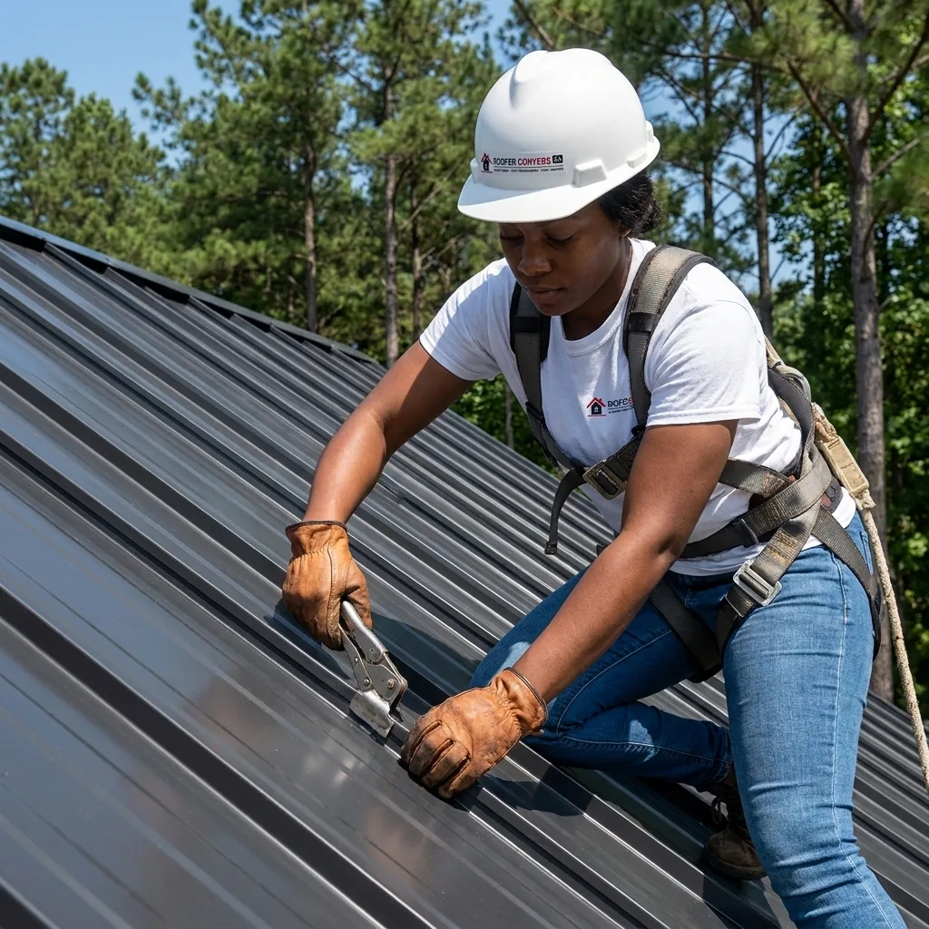 Roofer seaming standing seam metal roof panels with a hand seamer