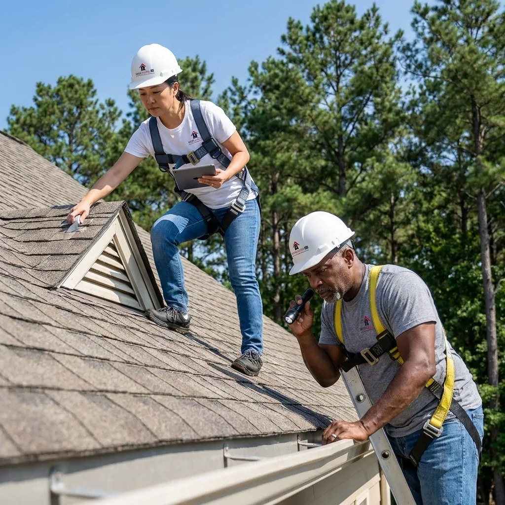 Roof inspector with a tablet and a roofer checking shingles and vents