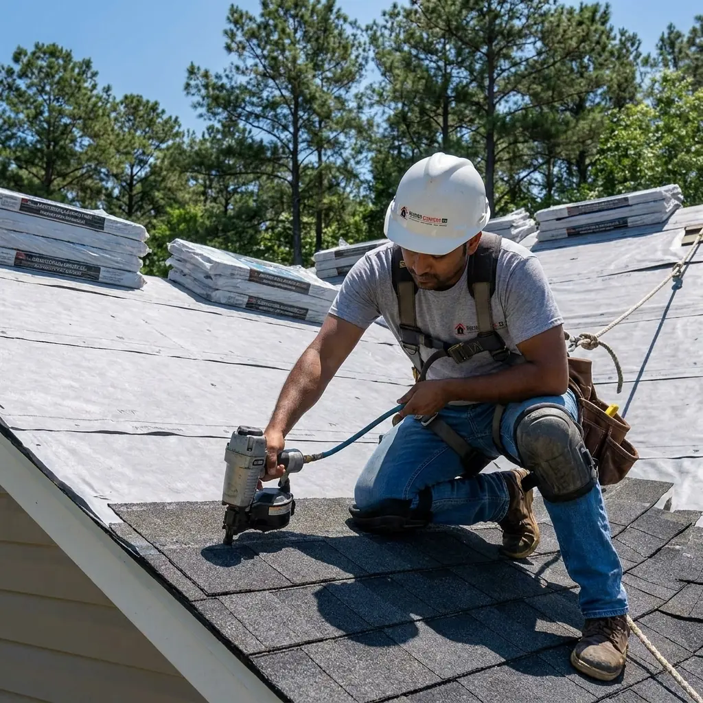 Roofer installing new asphalt shingles next to wrapped shingle bundles